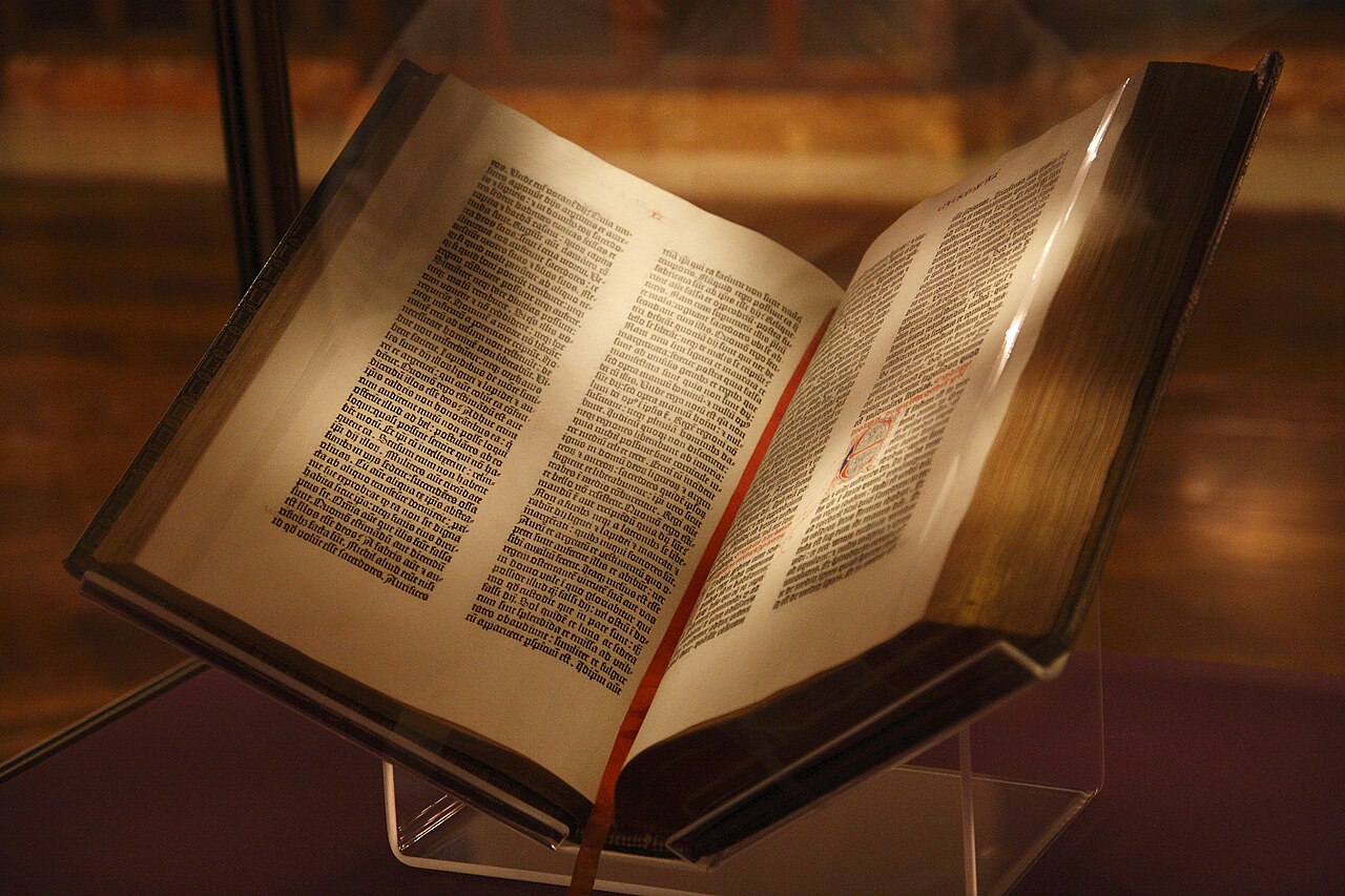 Open Gutenberg Bible on display