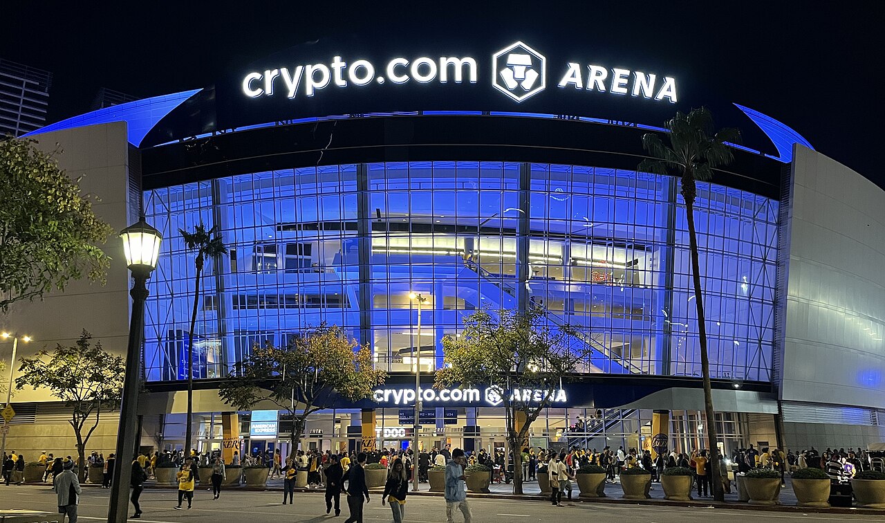 The illuminated exterior of Crypto.com Arena in Los Angeles at night