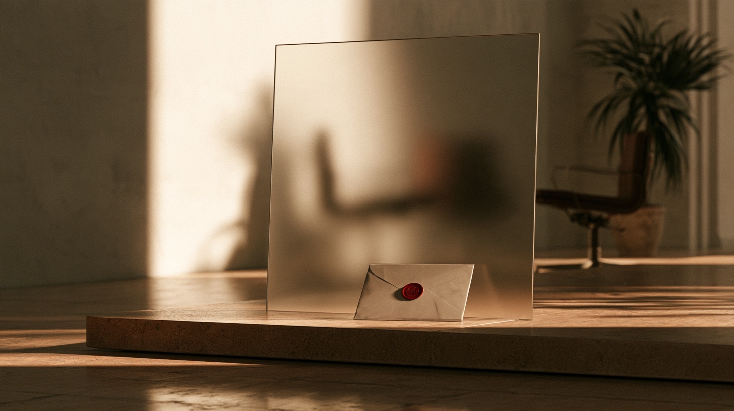 An upright frosted-glass panel on a warm stone surface, softly backlit so the blurred shapes of empty desk chairs and a potted plant show through, and in front of it a single — hero image for employer branding