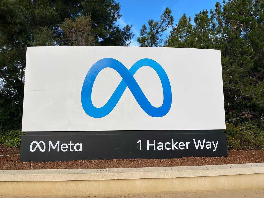 The Meta sign at 1 Hacker Way, Menlo Park