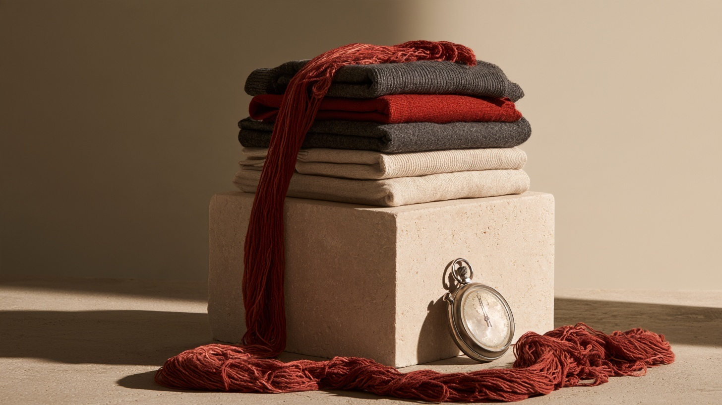 A neat stack of folded charcoal and oatmeal garments on a pale stone plinth. Hero image for an article on fast fashion branding SWOT.
