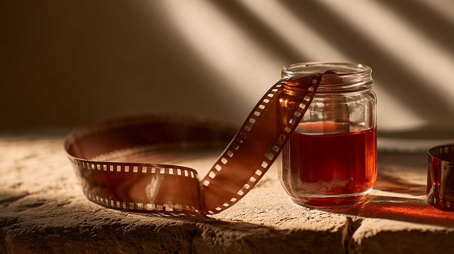 A single coil of unwound photographic film on a warm stone surface, its end curling into a small glass jar of translucent deep rubine jelly