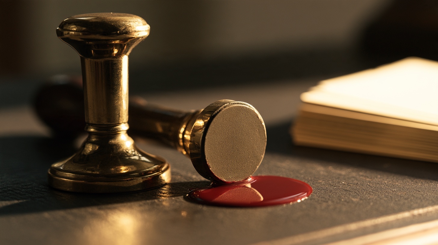 A polished antique brass stamp lying on its side on a charcoal desk, its rubber face worn completely smooth and blank. Hero image for an article on genericide.