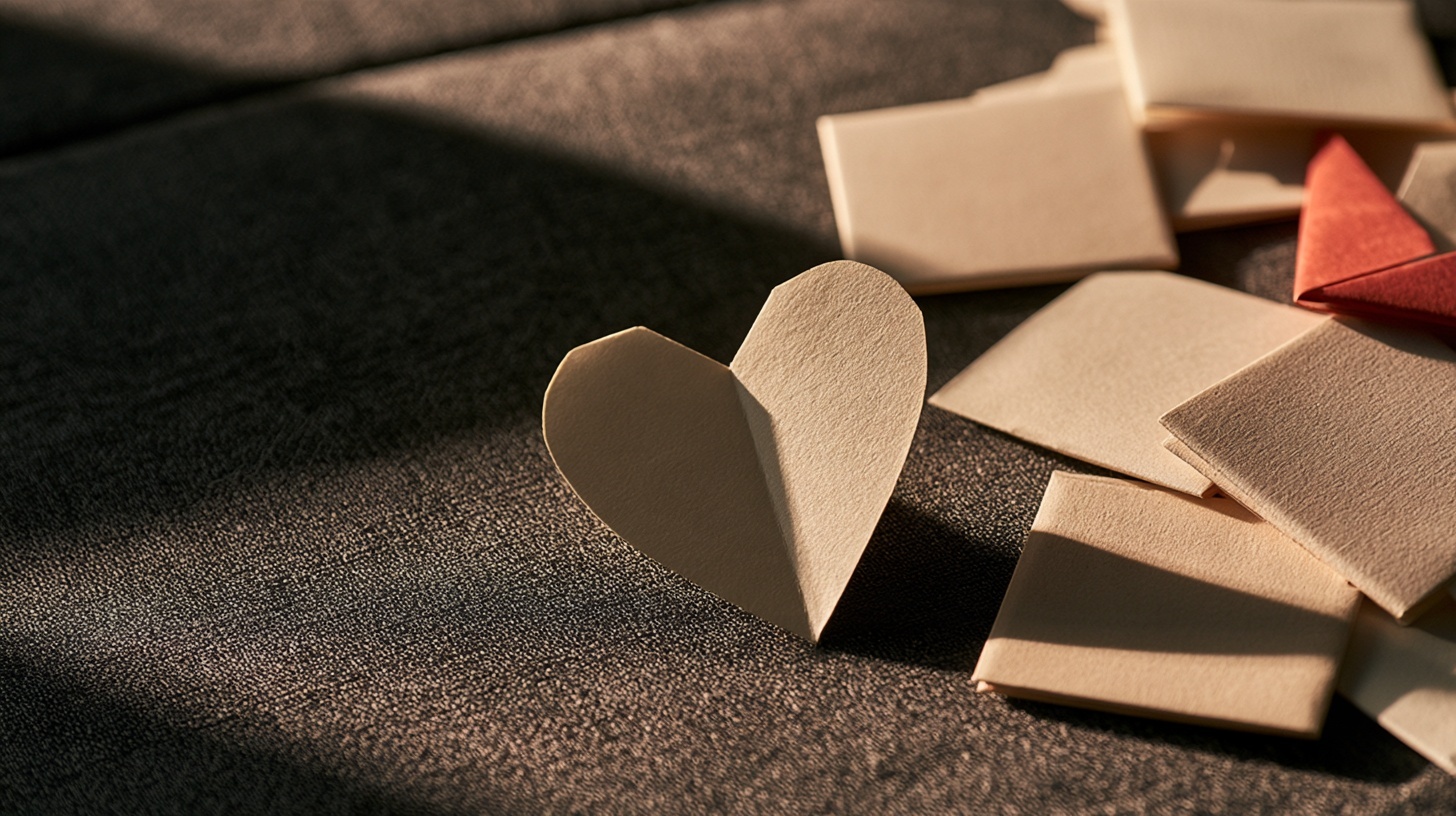 A single small heart shape folded from heavy cream paper resting on a charcoal linen surface. Hero image for an article on heart symbol in branding.
