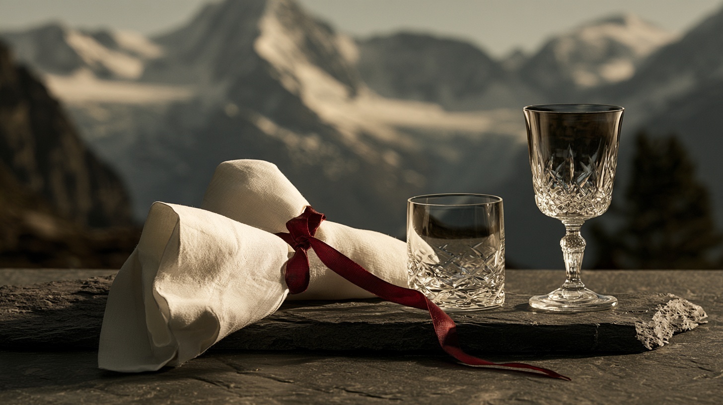 A single folded white linen napkin rests on a charcoal slate surface beside a small cut-crystal glass