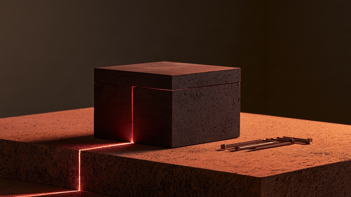 A plain charcoal box with its lid lifted a few centimetres, a thin line of rubine light escaping from the gap and falling across a warm stone-coloured surface