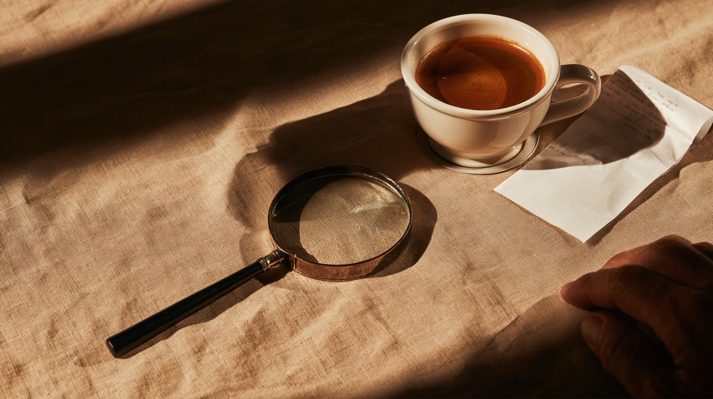 A magnifying glass resting on a warm linen tablecloth beside a half-finished cup of coffee and a folded paper receipt. Hero image for an article on how to conduct consumer research.