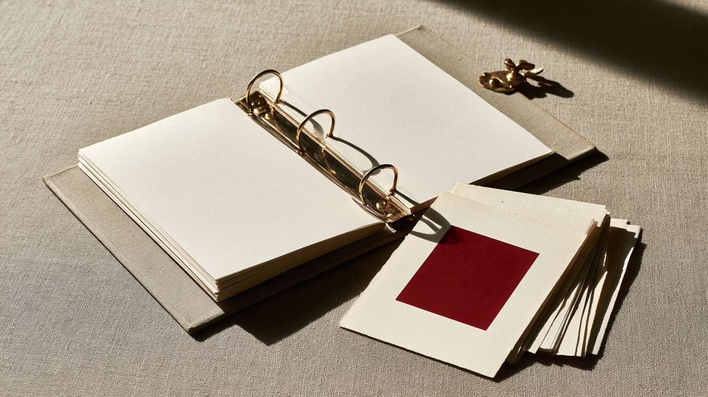 An open vintage ring binder with blank pages beside a loose sheet bearing a single rubine square
