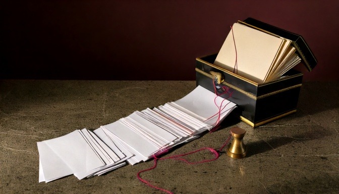 Blank cream paper slips spilling from a charcoal box across warm stone, one slip pinned under a brass paperweight with a rubine thread. Hero image for an article on how to create a brand name.