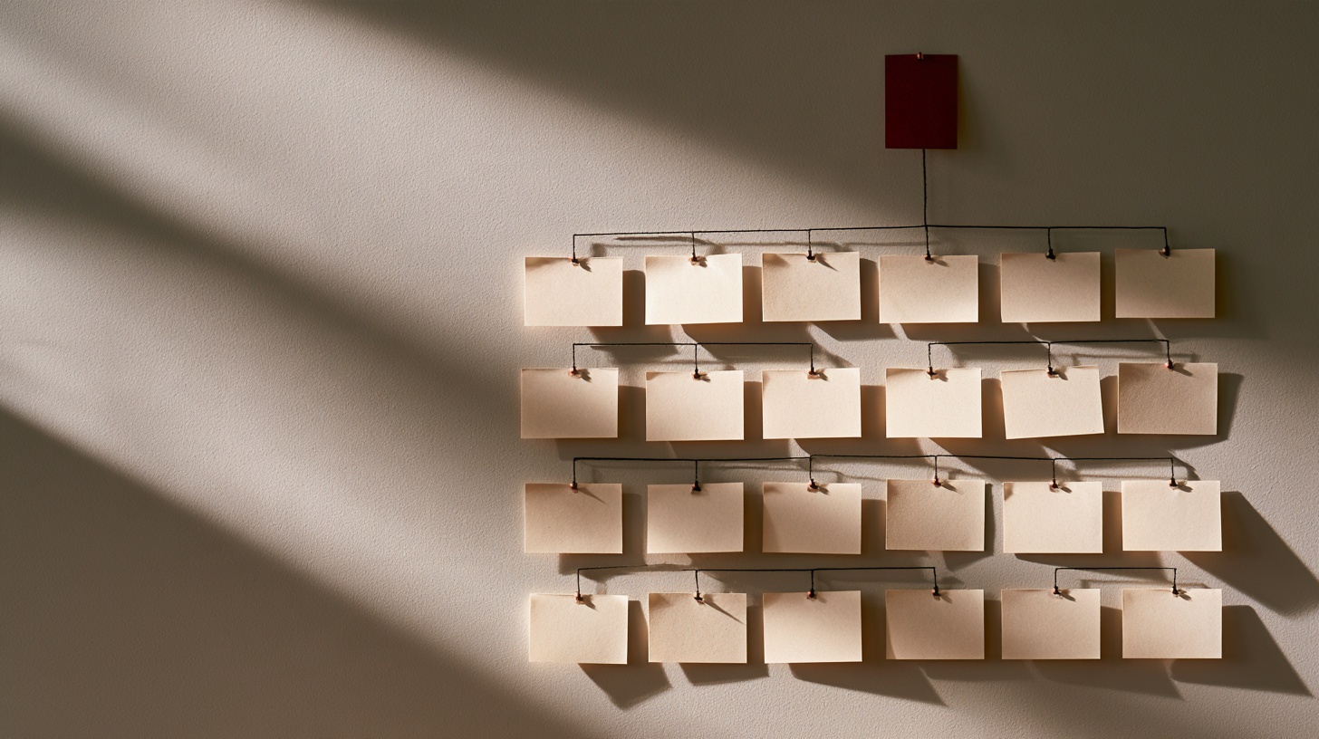 A pale warm-grey wall with neat rows of blank paper cards pinned in a branching family-tree layout. Hero image for an article on how to create a brand architecture.