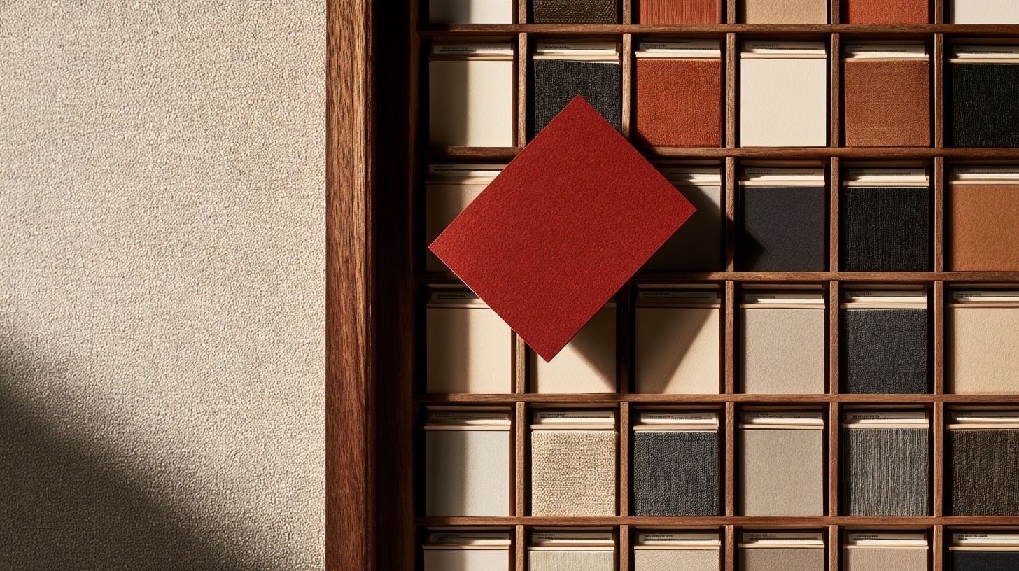 A shallow wooden archive drawer seen from above, filled with neatly labelled-looking blank cards and small swatches in warm neutrals and charcoal
