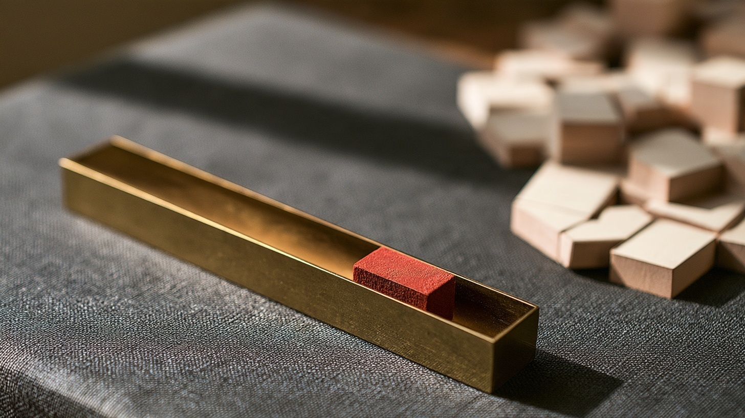 A single brass printer's composing stick resting on a charcoal linen surface, empty of type. Hero image for an article on how to create a memorable slogan.
