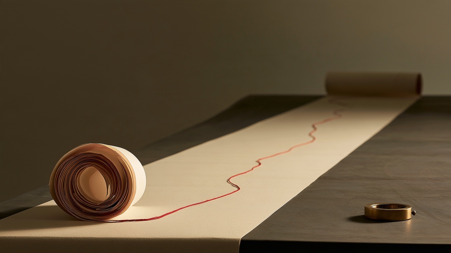 A long strip of warm cream paper unrolled across a charcoal table, the near end crisp and flat. Hero image for an article on how to create a product roadmap.