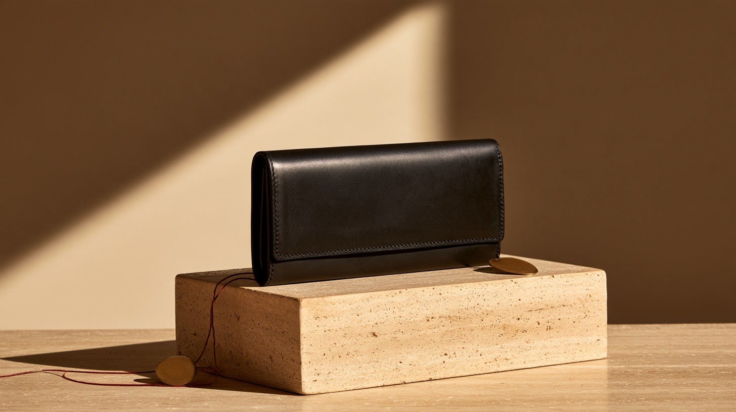 A single hand-stitched charcoal leather wallet resting on a pale travertine plinth, a thin rubine thread trailing from one unfinished seam