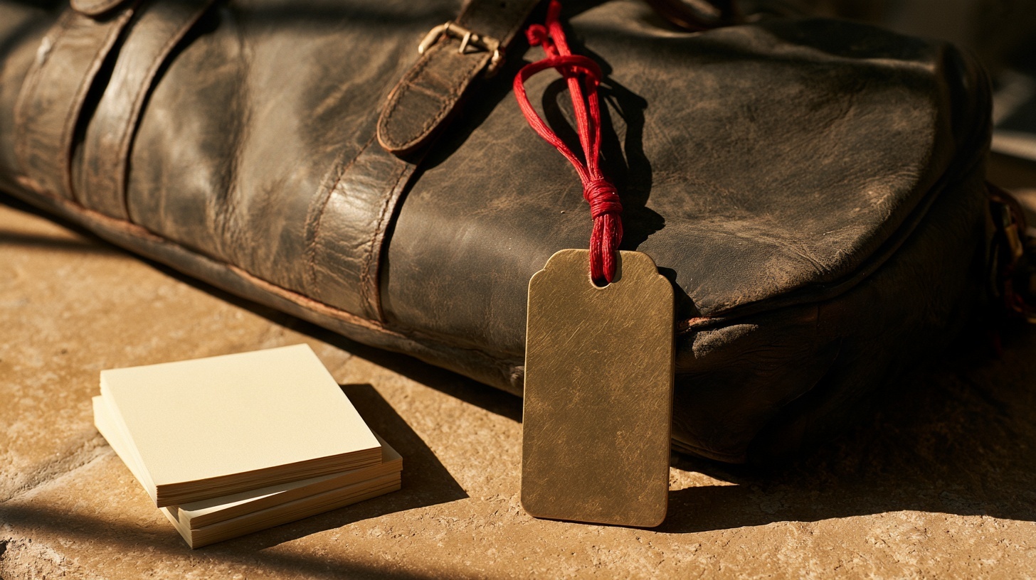 A single blank brass luggage tag tied with rubine waxed cord to a worn charcoal leather travel case