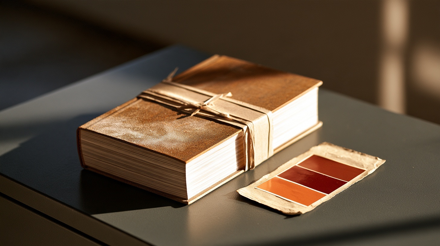 A pristine hardback manual sealed shut with a paper band beside a worn index card of colour swatches, one swatch rubine — hero image for brand guidelines