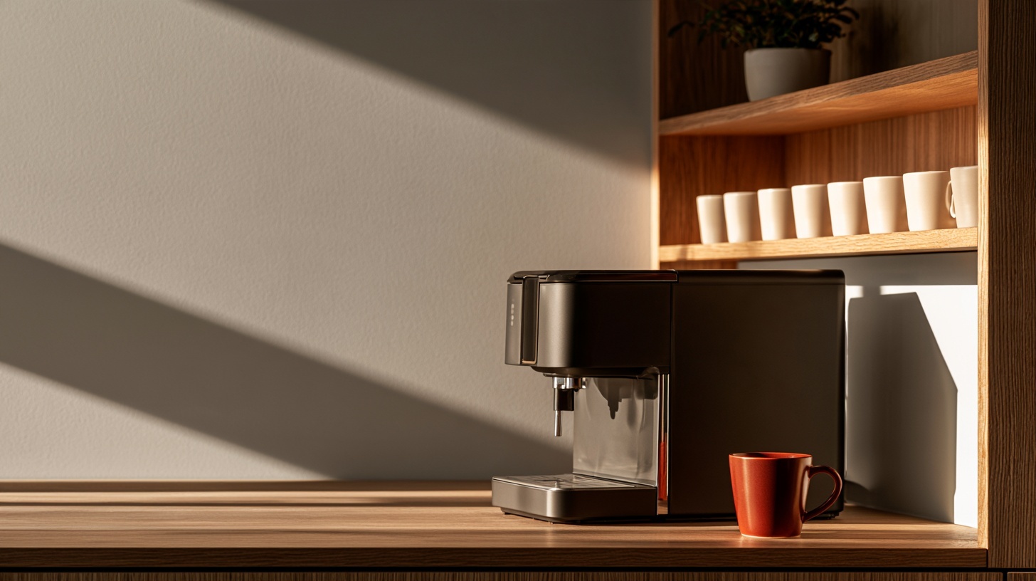 A quiet office pantry corner in soft morning light: a matte charcoal coffee machine, a row of plain warm-white ceramic mugs on an open oak shelf, a small potted plant, and one — hero image for internal branding