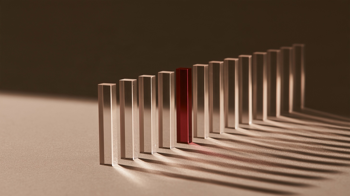 A row of clear acrylic batons standing upright on a warm grey surface, one glowing deep rubine. Hero image for an article on K-pop branding.