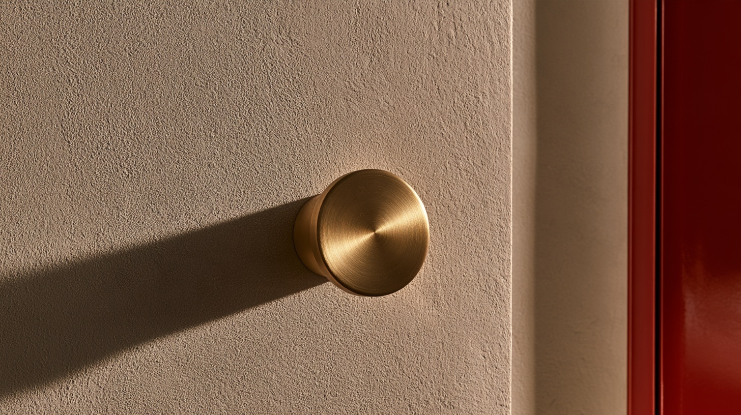 A single round brass doorbell button set into a textured warm-grey plaster wall, photographed close and slightly off-axis under soft directional studio light from the right — hero image for logo design