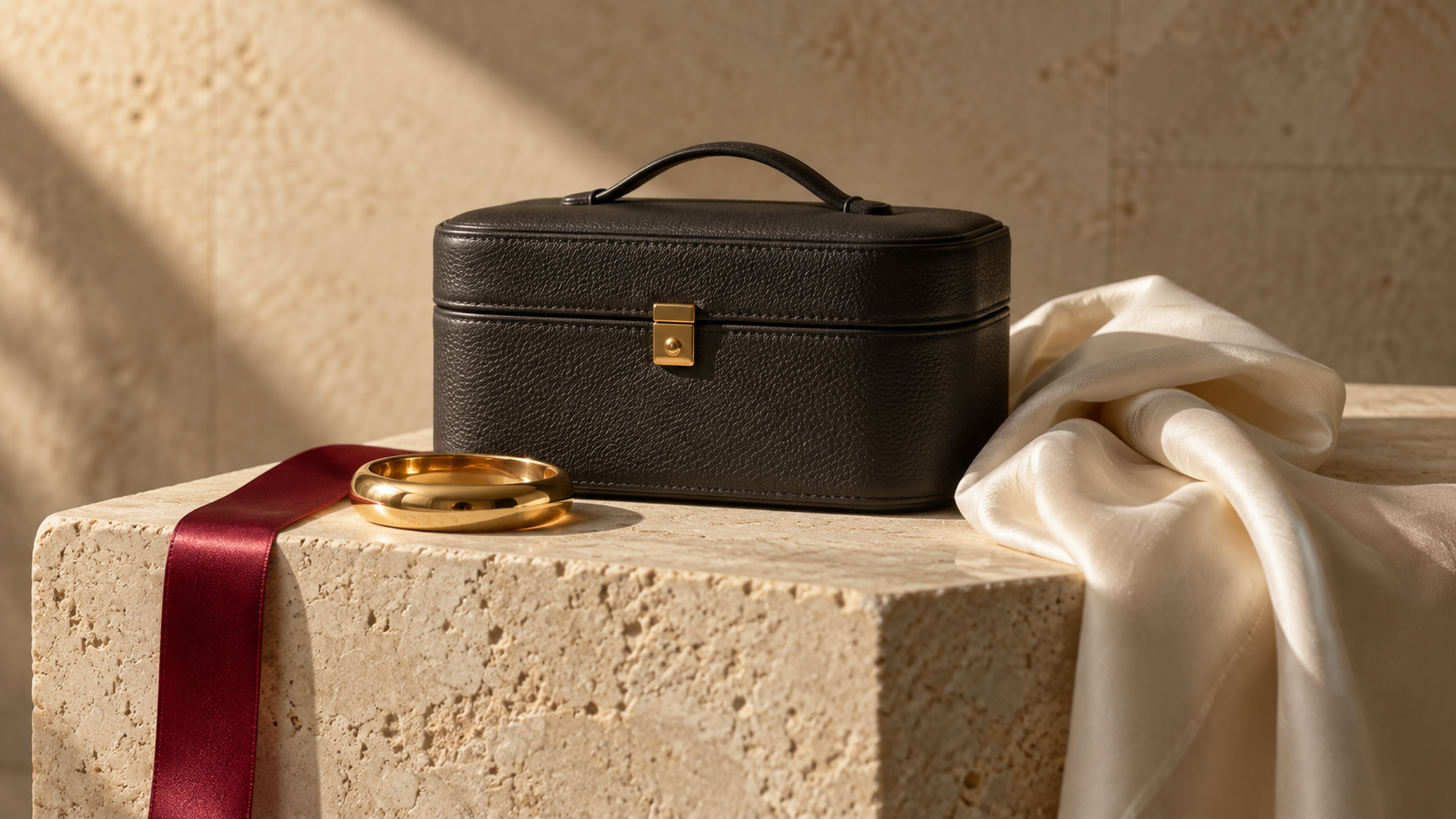 An unbranded charcoal leather case, gold bangle and ivory silk scarf on limestone, with a deep rubine ribbon. Editorial cover illustration for the top luxury brands article.