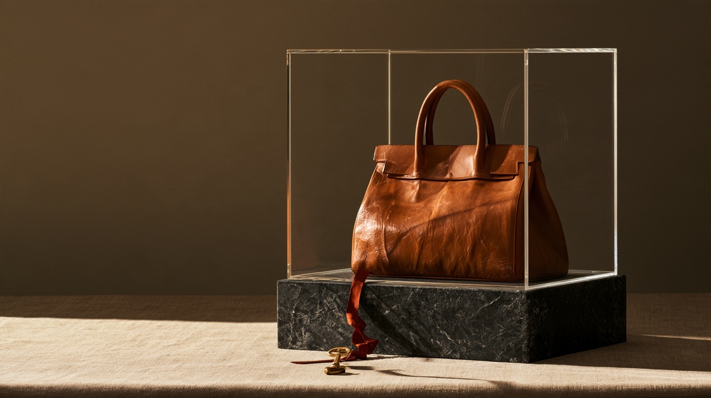 A single tan leather handbag resting behind a closed glass vitrine on a charcoal stone plinth. Hero image for an article on luxury brands.