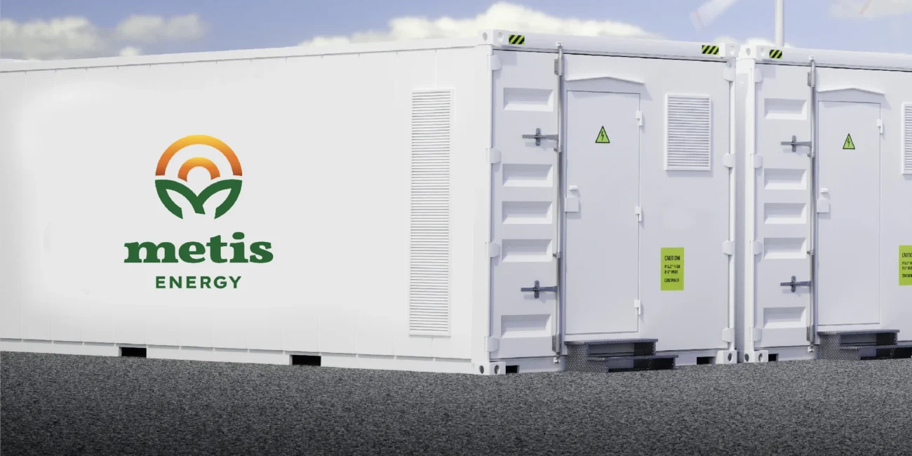Metis Energy brand identity on an energy storage container