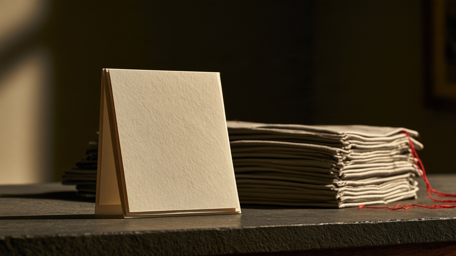 A plain cream welcome card propped on a charcoal table, a row of folded garments in shadow behind it. Hero image for an article on branding of modern-day cults.