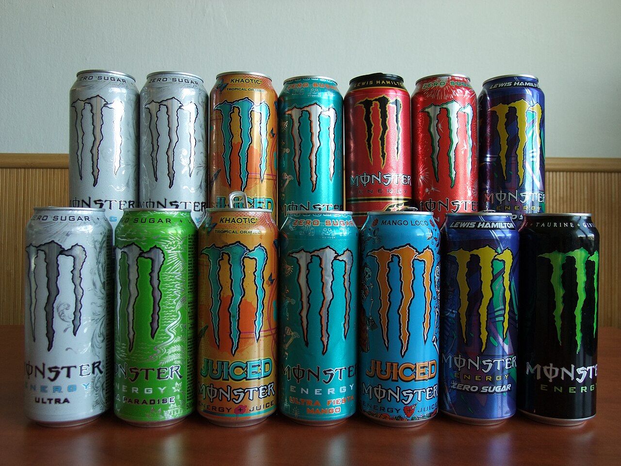 Cans of Monster Energy drinks in many colours