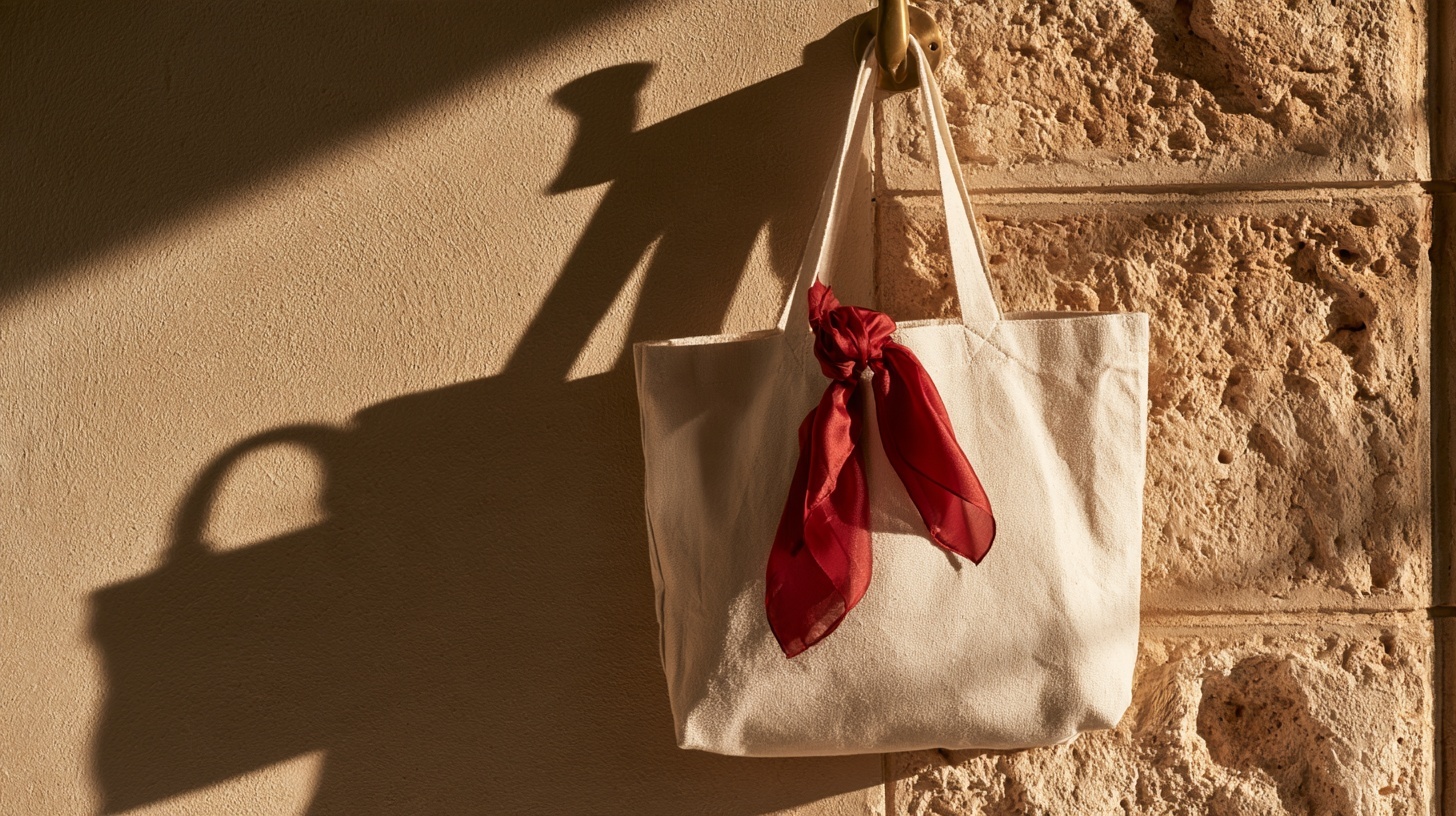 A plain unbleached canvas tote bag hanging from a brass hook against a warm stone wall