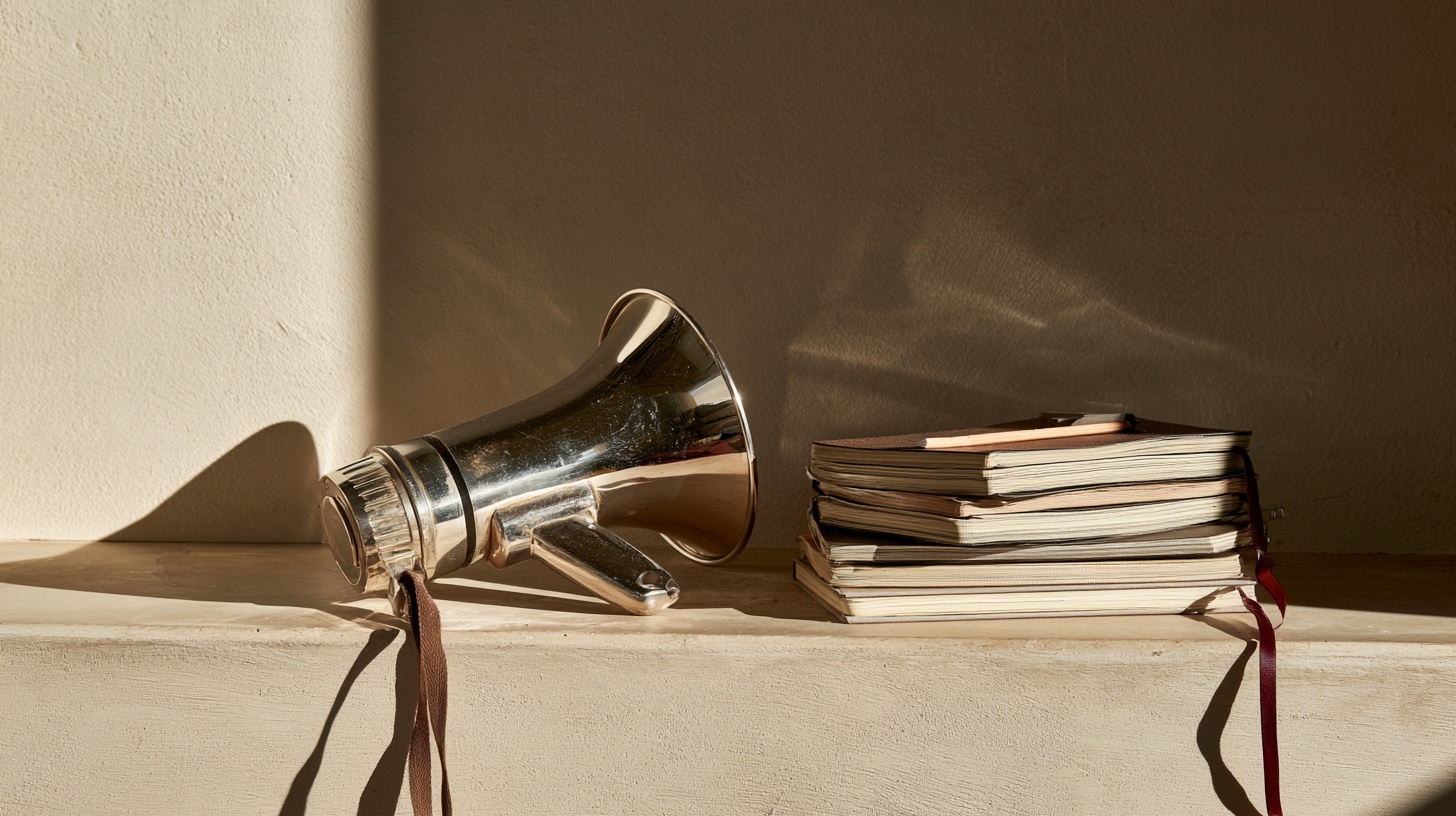 A warm plaster ledge: a small chrome megaphone lying on its side, unused and faintly dusty, beside a tidy stack of well-worn notebooks and a carpenter's pencil, a single rubine — hero image for personal branding