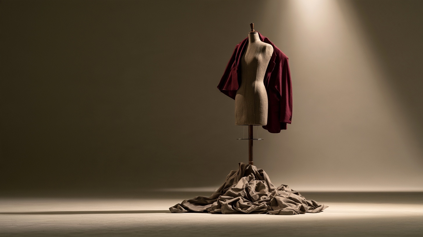 An empty tailor's dressmaking mannequin in charcoal linen standing under a single spotlight on a bare stage, a crumpled warm-grey garment pooled at its base and one deep rubine — hero image for rebranding