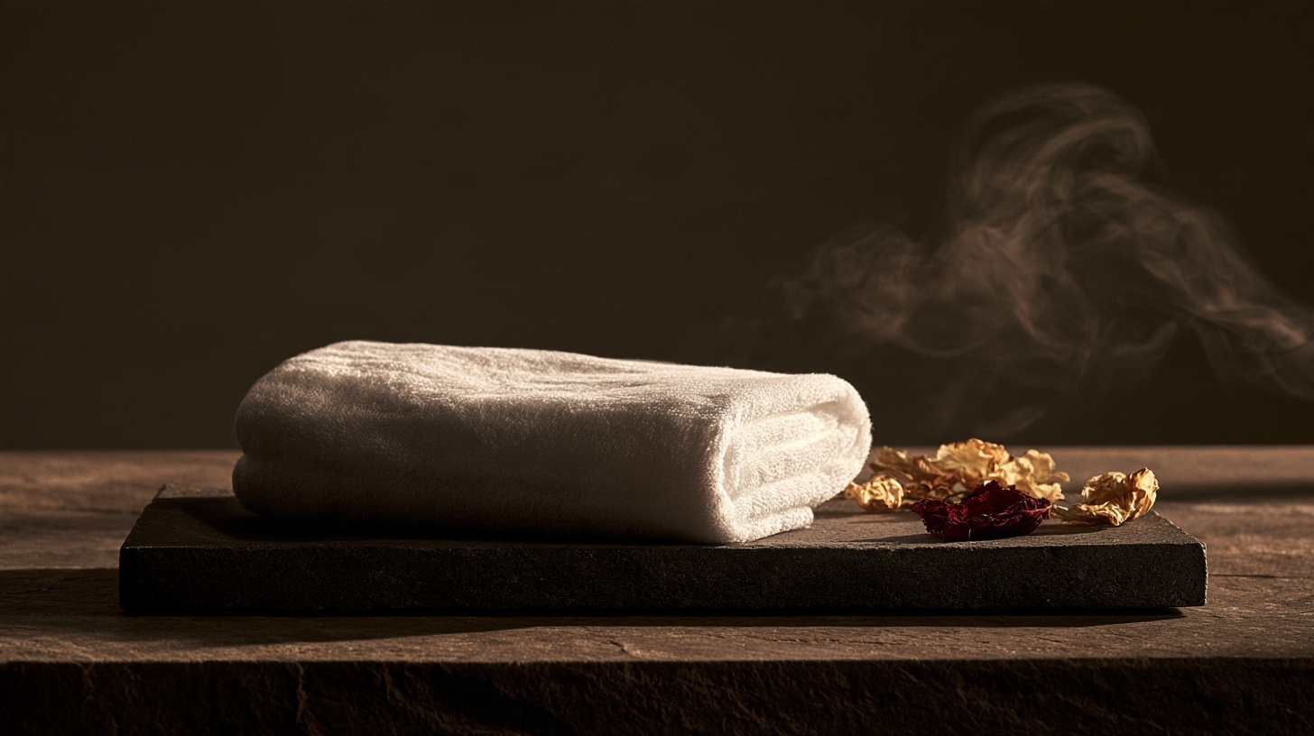 A single folded white hot towel resting on a dark charcoal stone tray, a faint curl of steam rising and drifting to the right. Hero image for an article on scent branding.