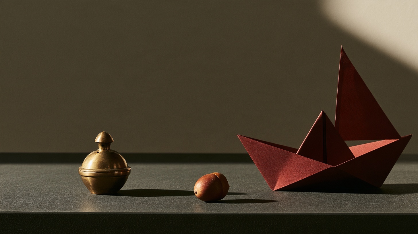 A small antique brass coin bank, a folded rubine paper sailing boat and a single smooth acorn arranged on a dark charcoal surface