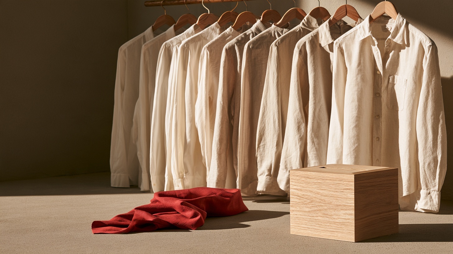 A row of plain cotton shirts on simple wooden hangers on a warm grey surface. Hero image for an article on political party branding Singapore.