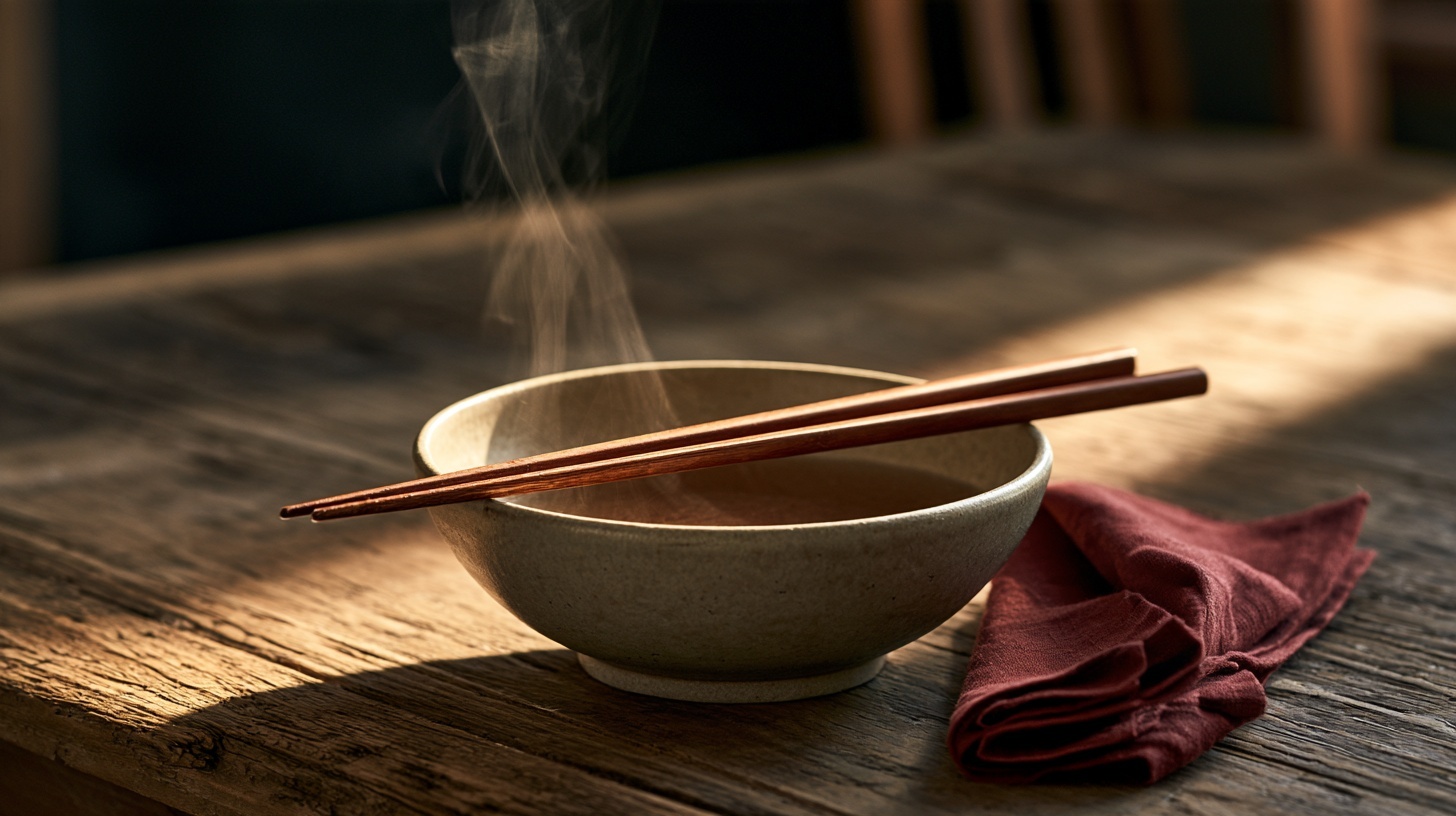 A simple worn wooden table seen from slightly above, holding a single plain ceramic bowl with a pair of chopsticks resting across it. Hero image for an article on soft power.