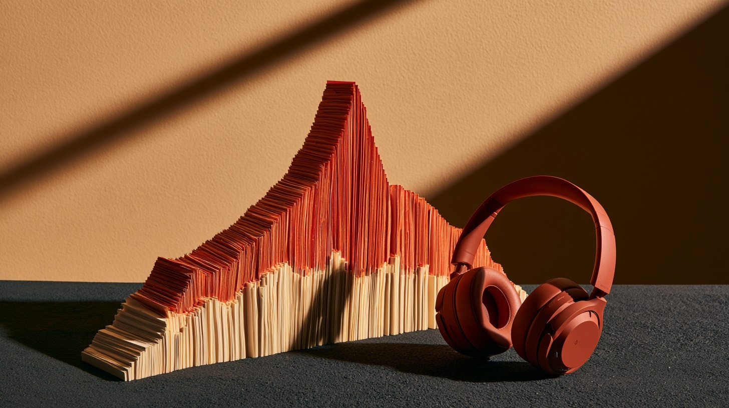 Layered strips of thick warm-grey and cream paper standing on edge in a gentle wave that rises to a single tall rubine peak, set on a charcoal surface beside a pair of matte — hero image for sonic branding