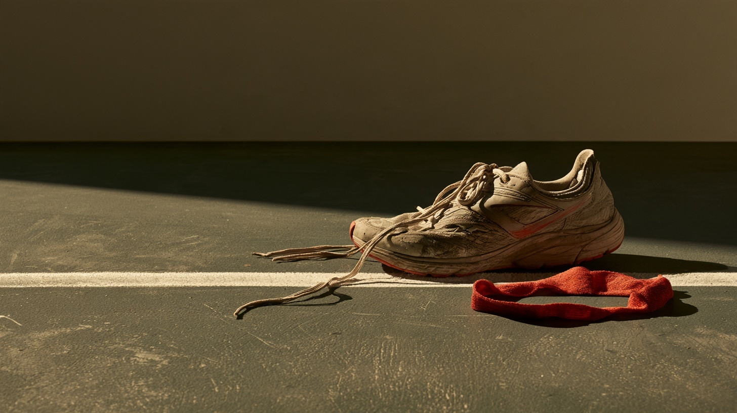 A single worn running shoe seen side-on, its laces loose on a charcoal floor. Hero image for an article on sports brand branding.