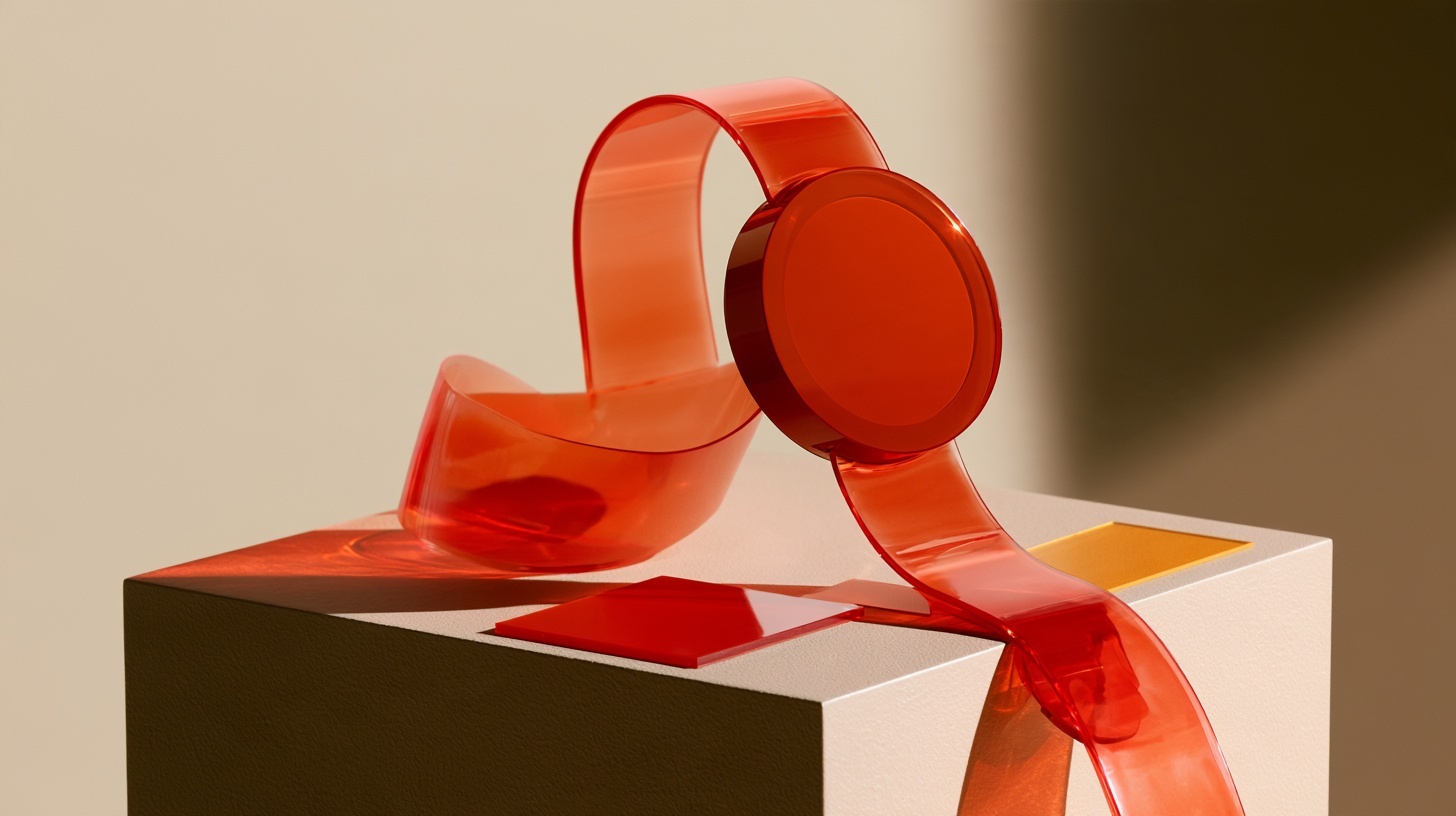 A single bright translucent plastic wristwatch strap curled like a ribbon on a pale warm-grey plinth