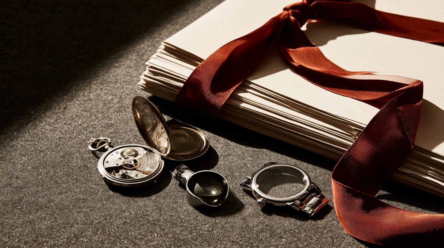 An antique open-faced pocket watch movement lying beside a modern empty wristwatch case on a charcoal felt surface, a jeweller's loupe between them