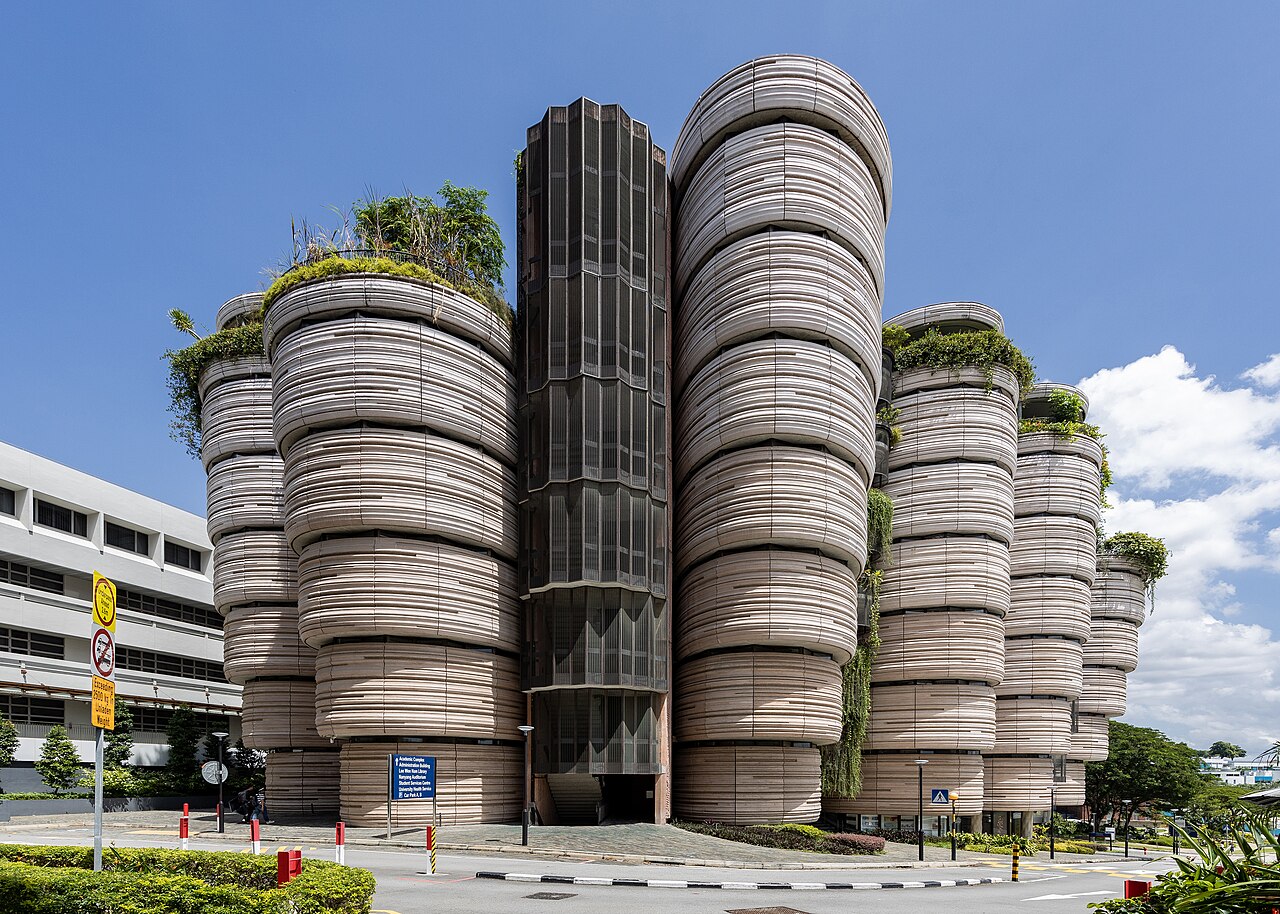 The Hive learning hub at Nanyang Technological University, with stacked rounded towers