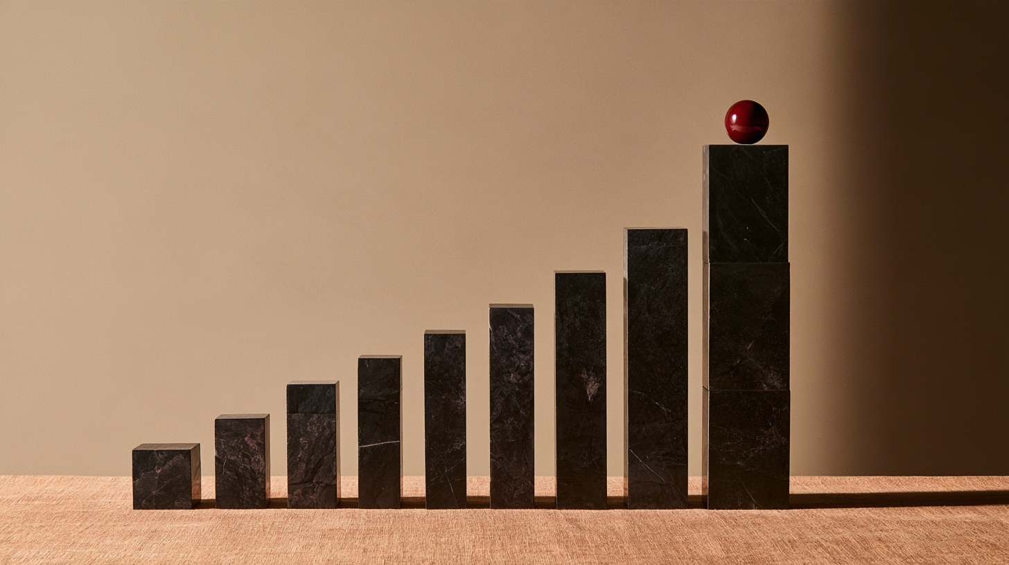 Ten charcoal stone blocks rising in height on warm linen, the tallest topped with a rubine sphere. Hero image for an article on top corporate brands in China.