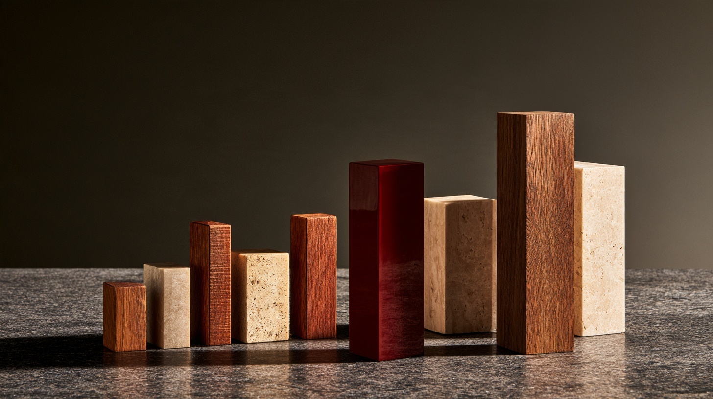 Ten small blocks of wood and stone arranged like a skyline, one lacquered deep rubine. Hero image for an article on top corporate brands in Malaysia.