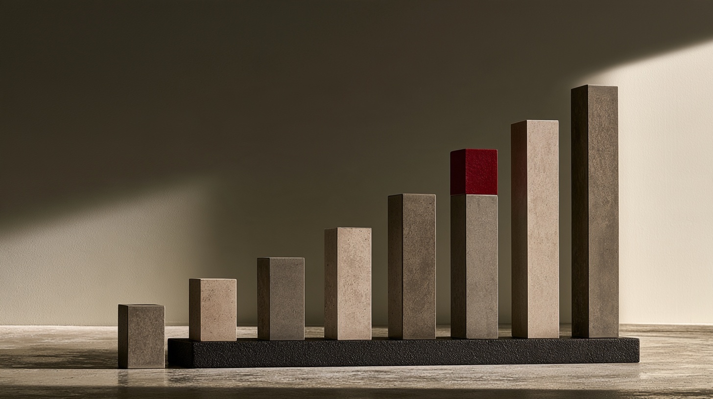 Ten matte cubes rising in height on a charcoal surface like a leaderboard, one in deep rubine. Hero image for an article on top 10 corporate brands in the USA.