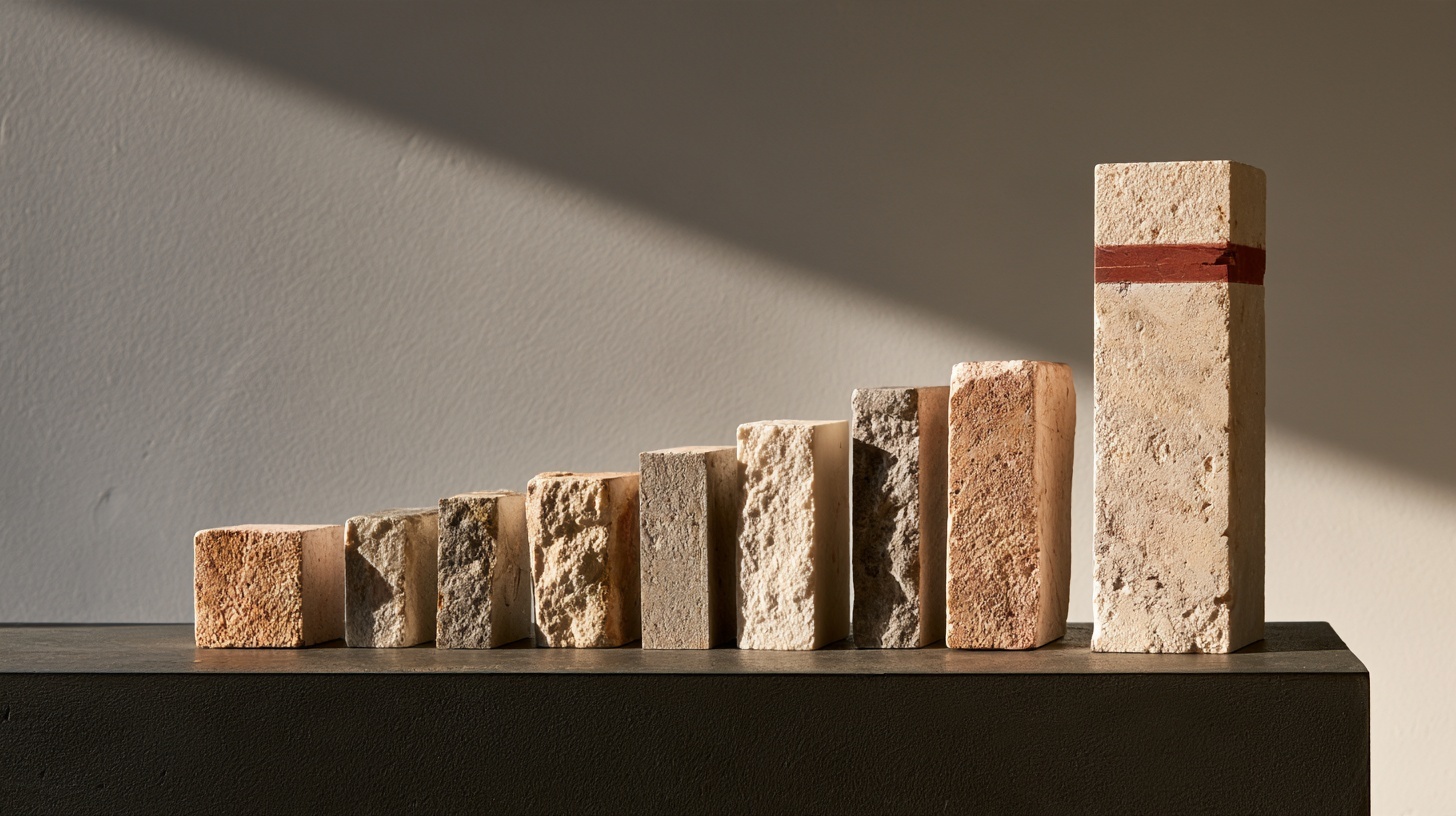 Ten unpolished stone blocks rising on a charcoal plinth, the tallest banded in rubine. Hero image for an article on top 10 corporate brands in Vietnam.