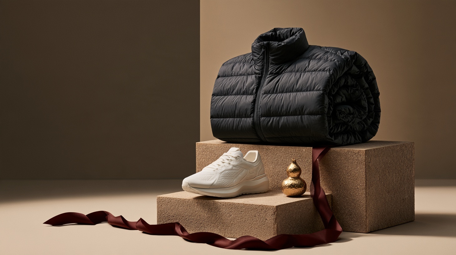 A charcoal quilted down jacket, a white running shoe and a small gold gourd pendant on a stone plinth. Hero image for an article on top fashion brands in China.