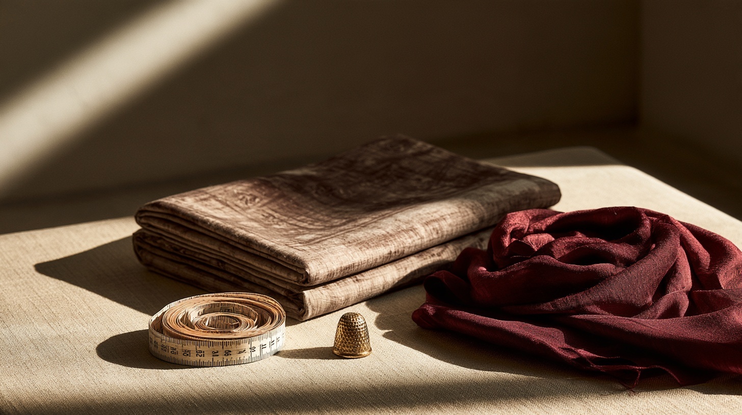 Folded batik cloth, a tailor's tape, a brass thimble and a rubine silk headscarf on a linen surface. Hero image for an article on top 10 fashion brands in Indonesia.