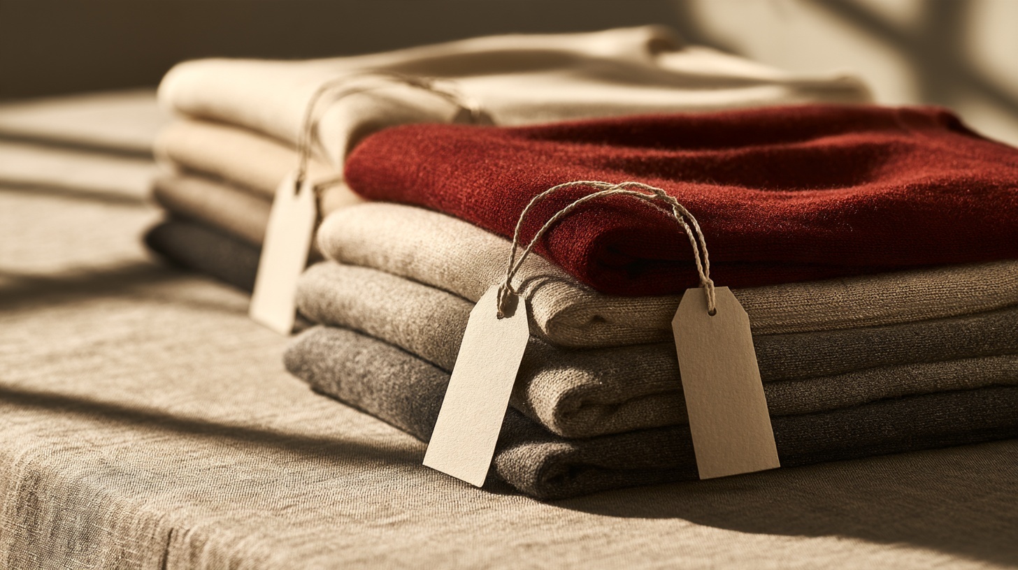 A row of folded garments in oatmeal, sand and charcoal with blank swing tags, one tag in rubine. Hero image for an article on top fashion brands in Malaysia.