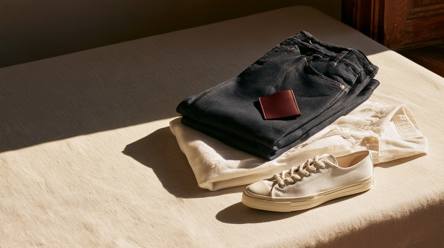 Folded indigo jeans, a white canvas sneaker and a cotton shirt on pale linen, with a small rubine leather tag. Hero image for an article on top 10 fashion brands in the USA.