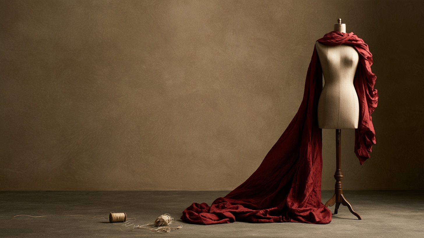 A pale linen dress form on a charcoal floor with deep rubine silk draped over one shoulder. Hero image for an article on top 10 fashion brands in Vietnam.
