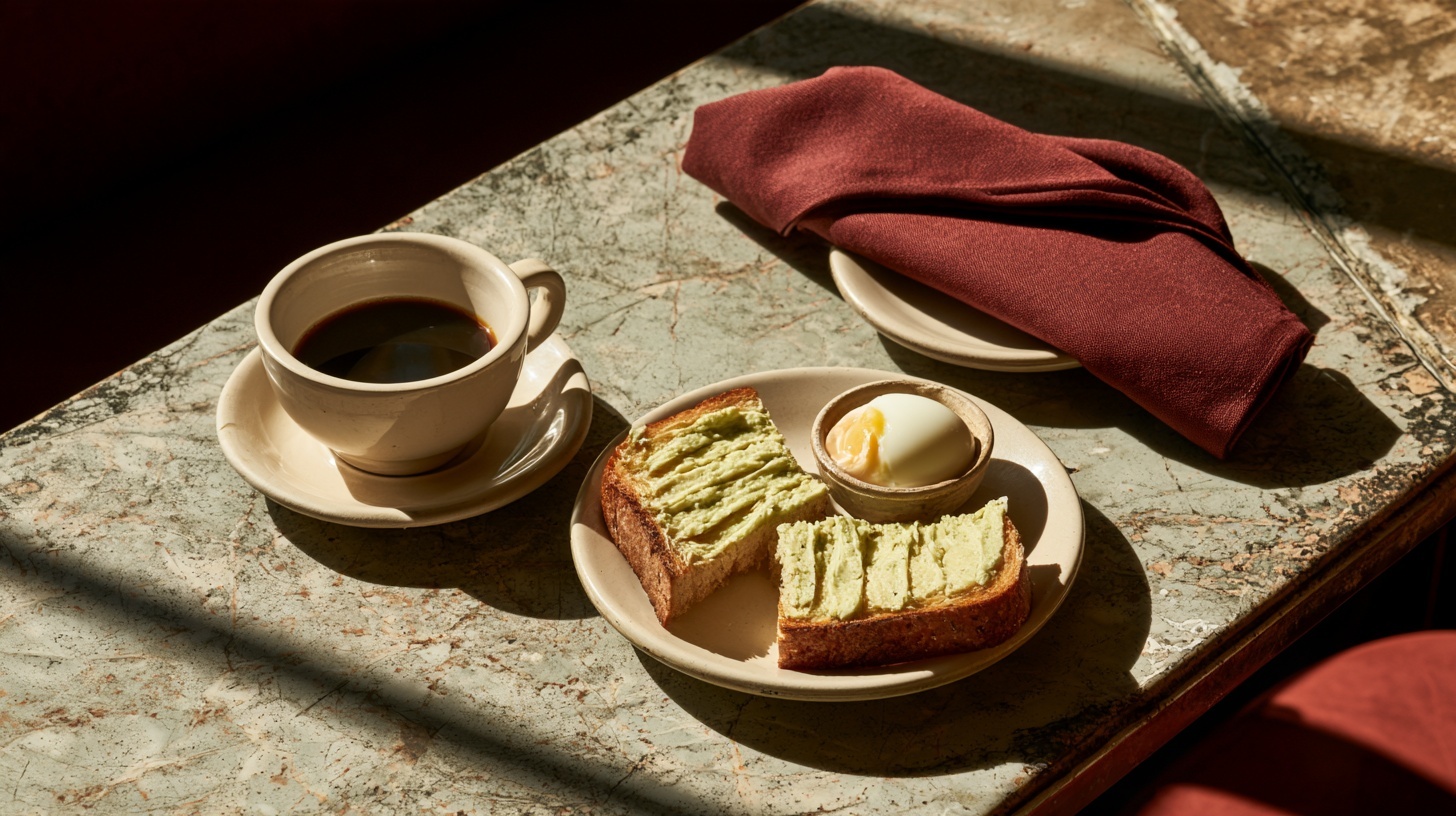 A cup of dark coffee, toast fingers with a pale green spread and a soft-boiled egg on a marble cafe table. Hero image for an article on top 10 F&B brands in Singapore.